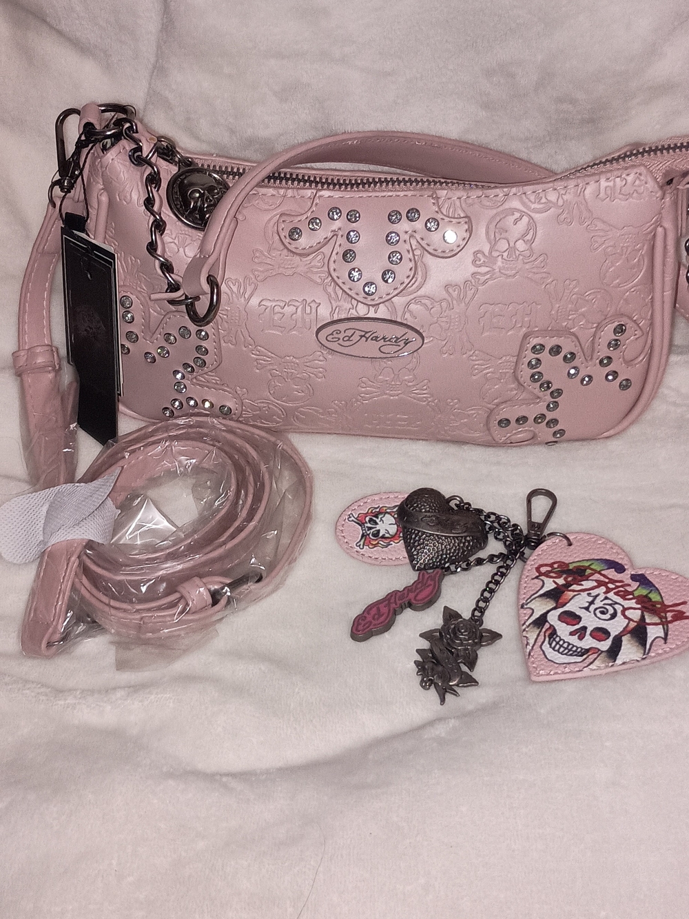 Ed Hardy Blush Pink Embossed Rhinestone Mini Shoulder Bag with Charms.Nwt